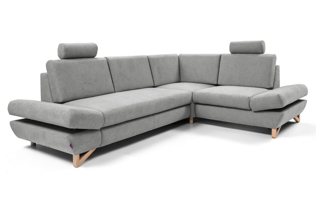 ECKSOFA CASA II R-S Grau Plüsch-Stoff mit Schlaffunktion - Grau, Holz (272/199cm) - MASSENO