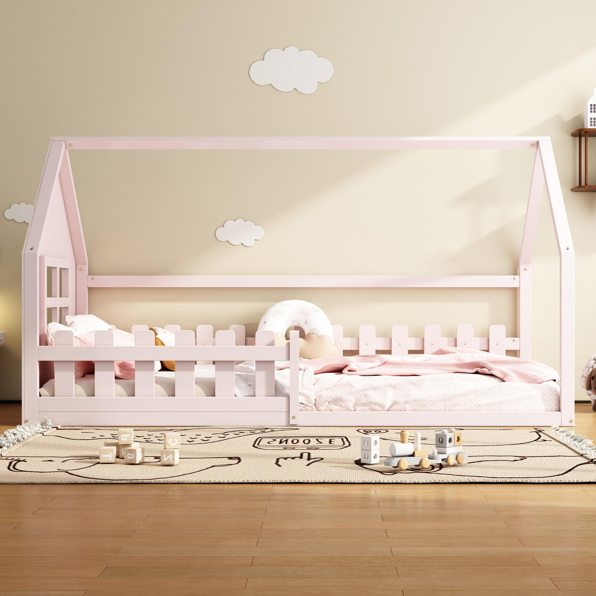 KINDERBETT 90/200 cm Rosa Hausform aus Kiefer und MDF - Rosa, Holz (90/200cm) - OKWISH