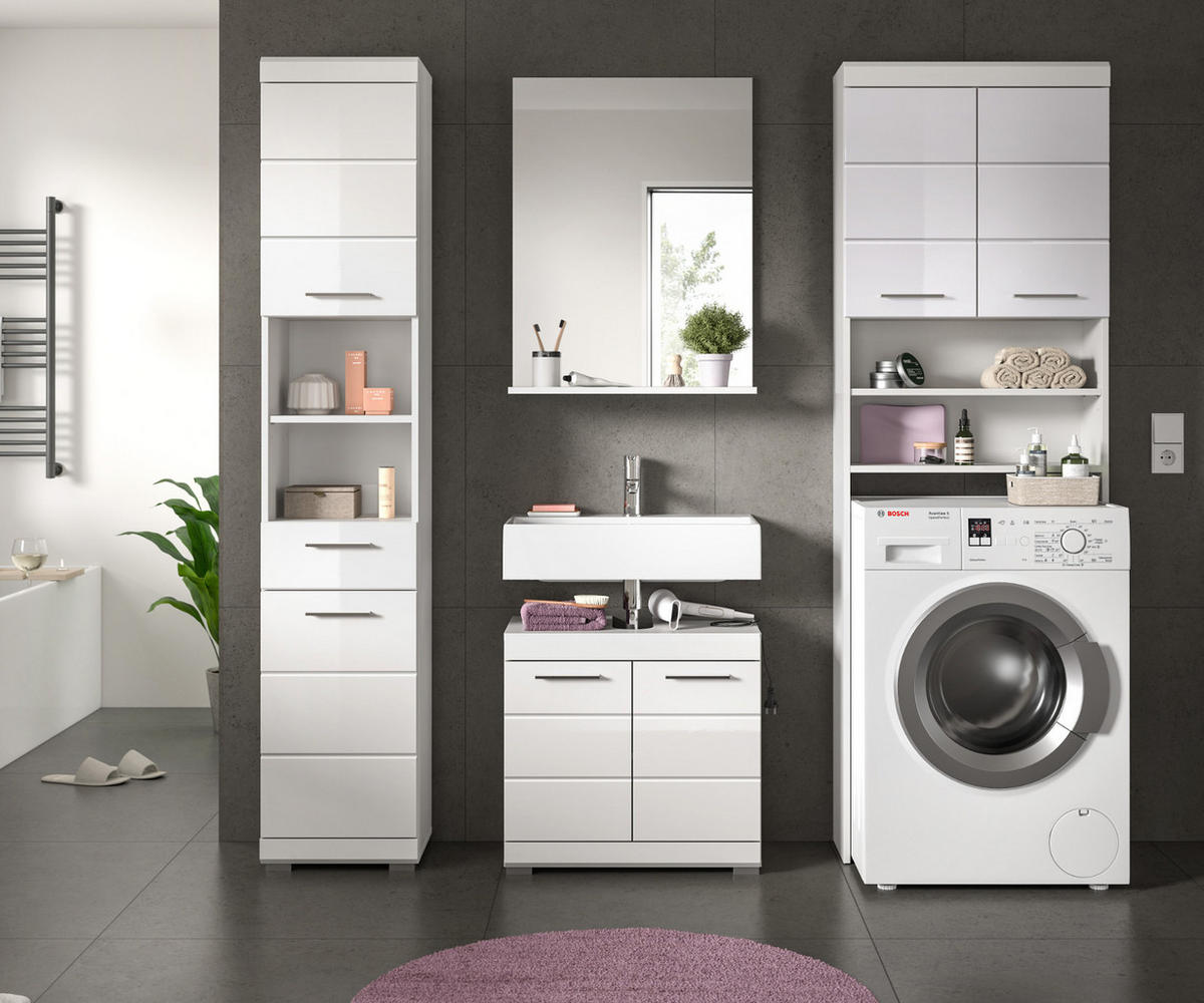 BADMÖBEL-SET weiß Hochglanz 4-teilig 190 cm, Komplettset mit viel Stauraum - Weiß Hochglanz, Glas/Holzwerkstoff (190/191/34cm) - Inn.Furn