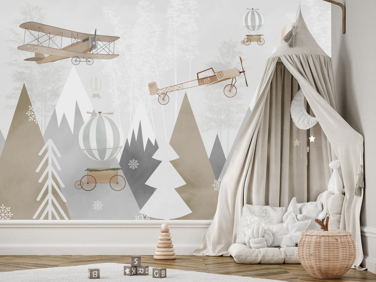FOTOTAPETE für Kinderzimmer Flugzeuge Bergen Bäume 500x350 - Beige/Braun, Papier (500/350cm) - Muralo