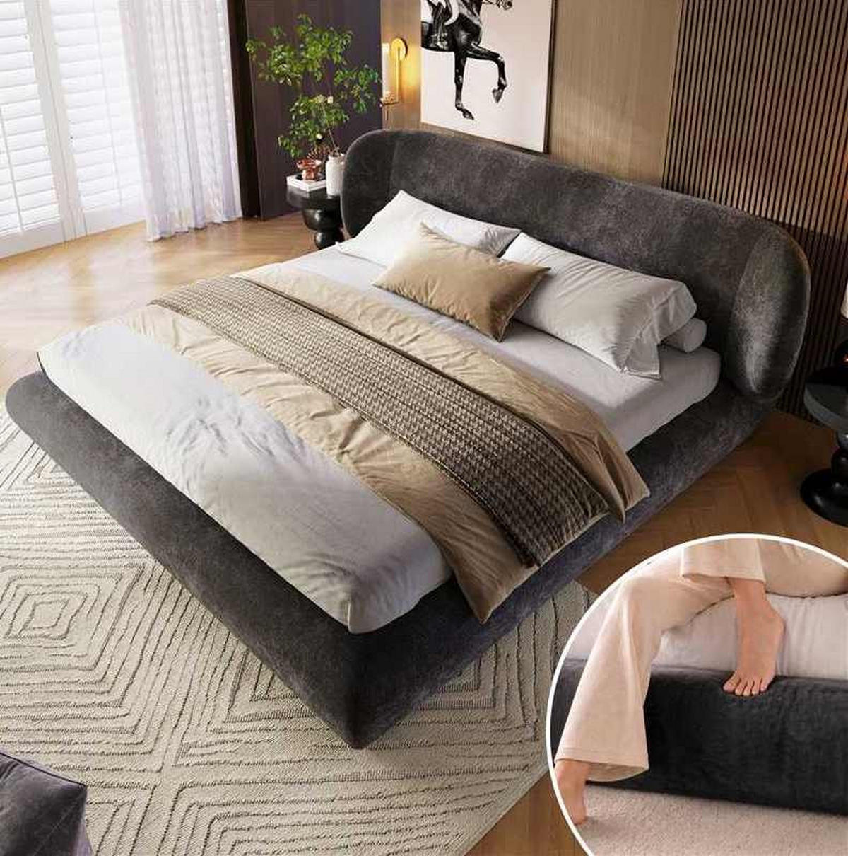 POLSTERBETT aus Chenille 140x190 cm Grau mit Lattenrost und gepolstertem Kopfteil - Grau, Textil (140/190cm) - Modfu