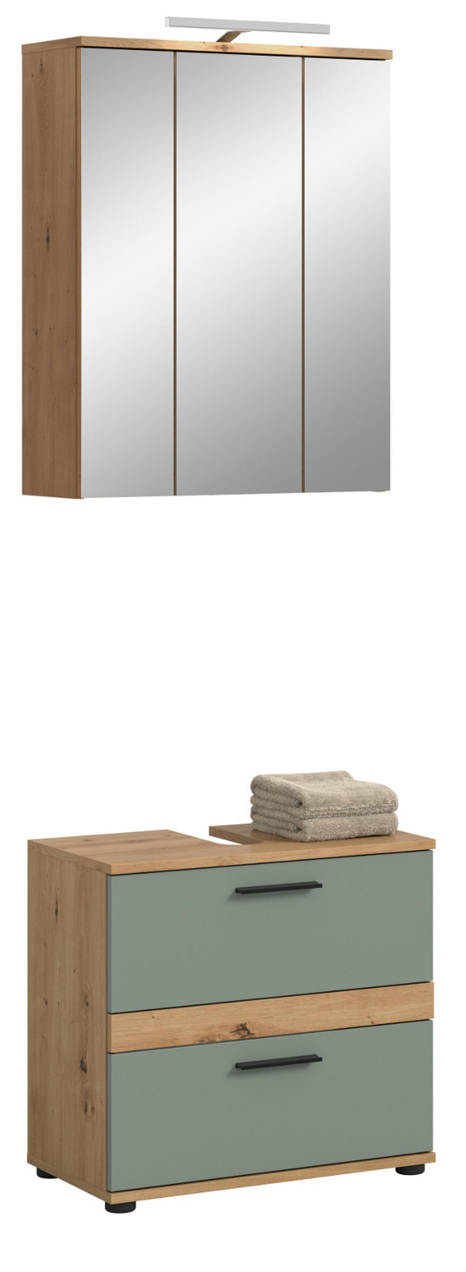 BADMÖBEL-SET Salbei grün, Eiche Artisan 60 cm 2-teilig, Badezimmereinrichtung inklusive LED Beleuchtung - Salbeigrün/Schwarz, Glas/Holzwerkstoff (60/191/34cm) - Inn.Furn