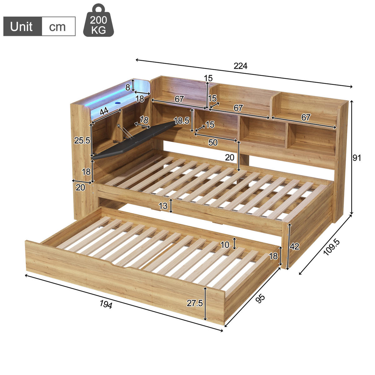 KINDERBETT 90/200 cm aus MDF mit Ausziehbett 90/190 cm, LED und USB - Naturfarben, Holzwerkstoff (90/200cm) - BEAOK