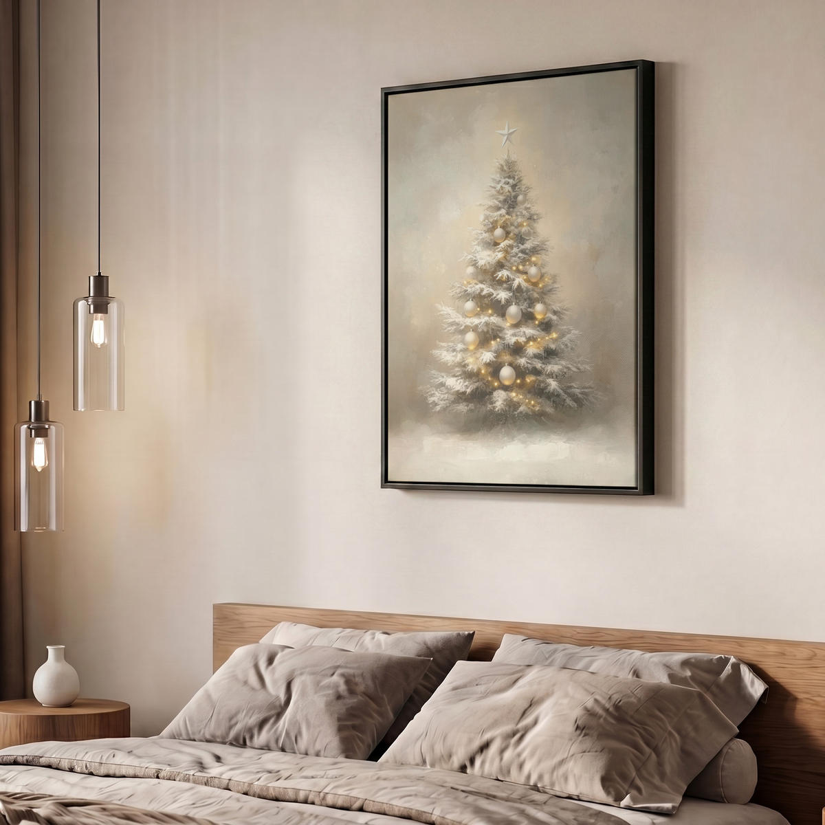 LEINWAND Bilder mit Rahmen - Weihnachten - Weihnachtsbaum - Schnee - Kunst - 50x70 - Champagner, Textil (50/70cm) - MuchoWow