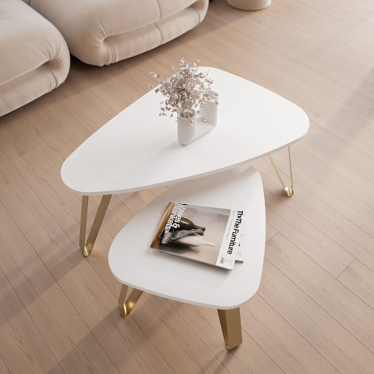 SATZTISCH NOA Stahlgestell, Freiform, Gold / Arktisweiß - Goldfarben/Weiß, Holzwerkstoff (94/60/42cm) - Idohome