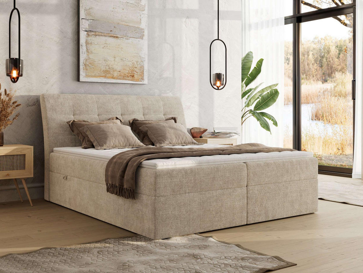 BOXBETT DAGOS 120/200 - Beige Schenille grob gewebt - H3 - Topper Visco - Beige, Textil (120/200cm) - MKS