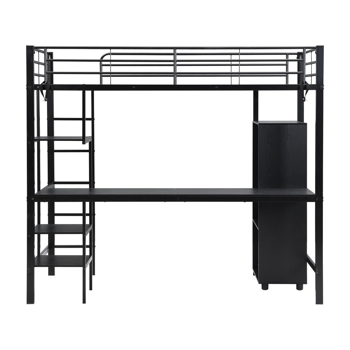 HOCHBETT 90/200 cm DE-02343, in Schwarz, mit Tisch, Kleiderschrank und 5-stufiger Leiter - Schwarz, Metall (90/200cm) - ComfortXL