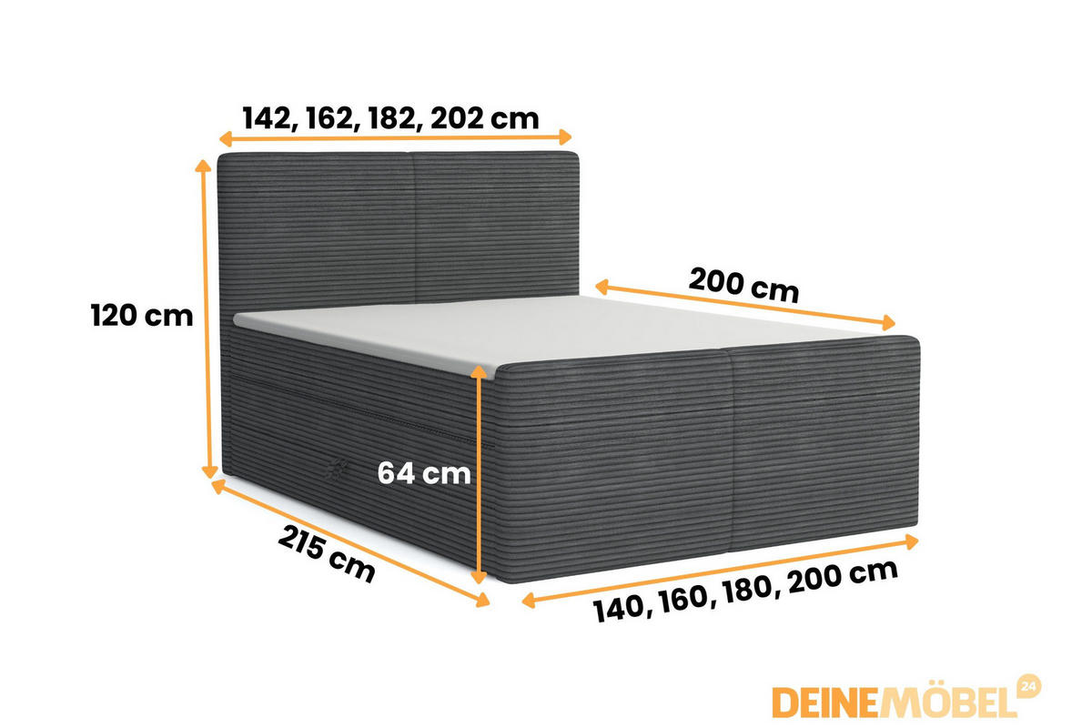BOXBETT ROCKY 200/200 in Cord Dunkelgrau mit Doppelmatratzen H3 - Dunkelgrau, Holz/Holzwerkstoff (140/200cm) - Deine Möbel 24