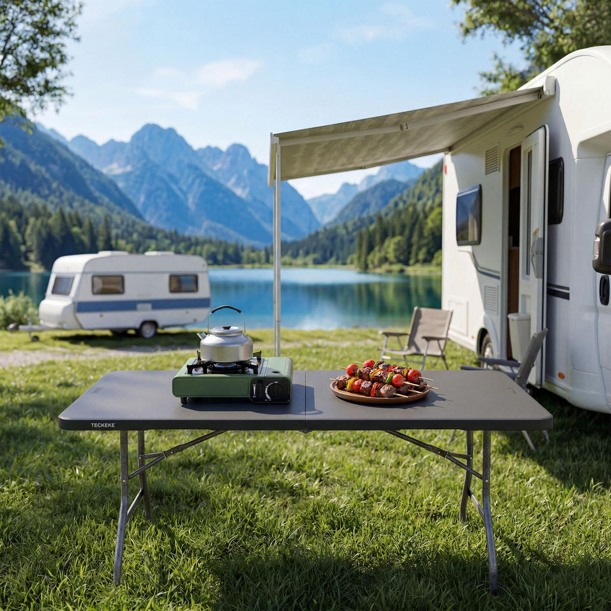 CAMPINGTISCH Panja, gummierter Tragegriff, anthrazit - Anthrazit, Kunststoff (70/180/74cm) - tectake