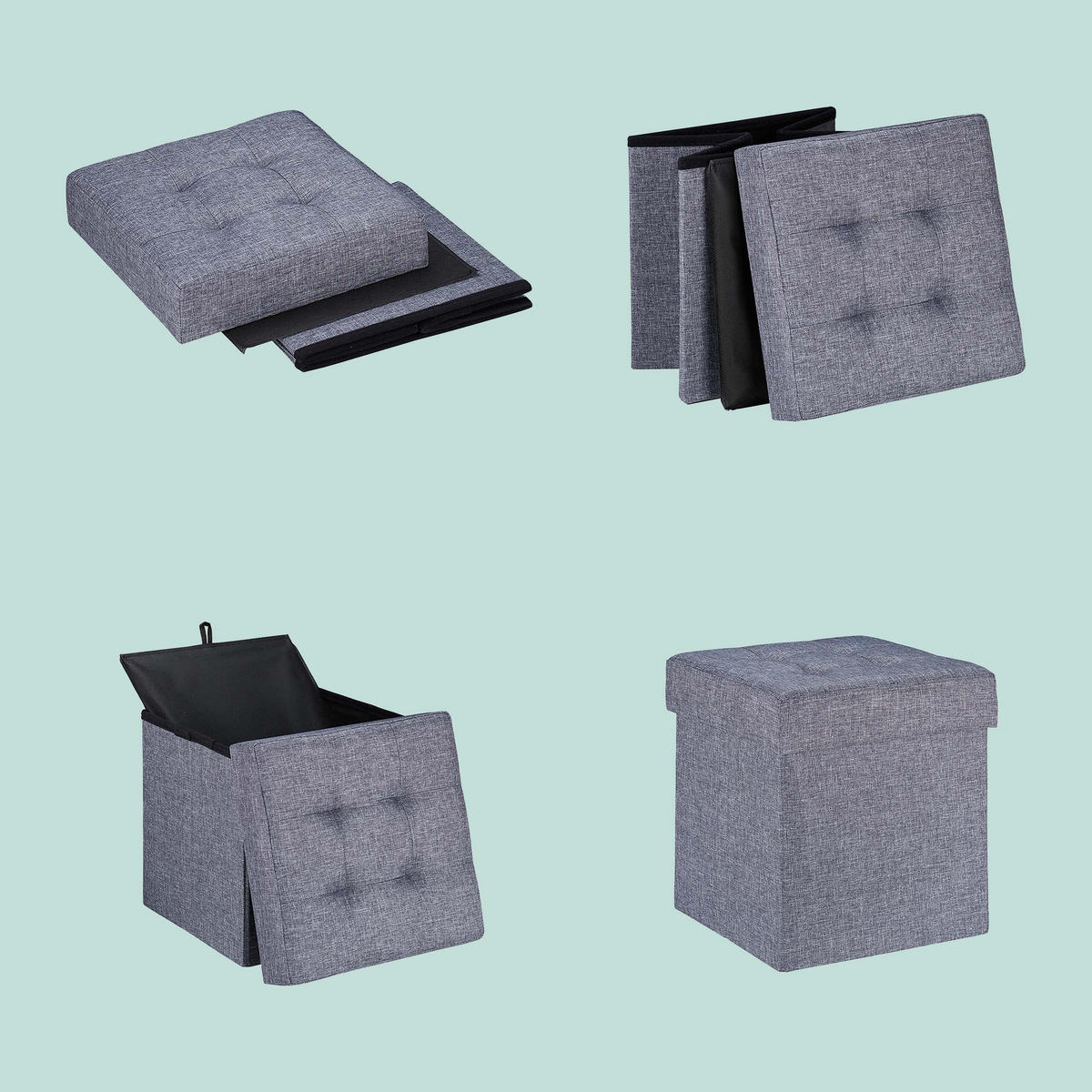 TABURET Tmavosivý s úložným priestorom skladací látka 41x38x38 cm - sivá, kompozitné drevo/textil (38/41/38cm) - Relaxdays