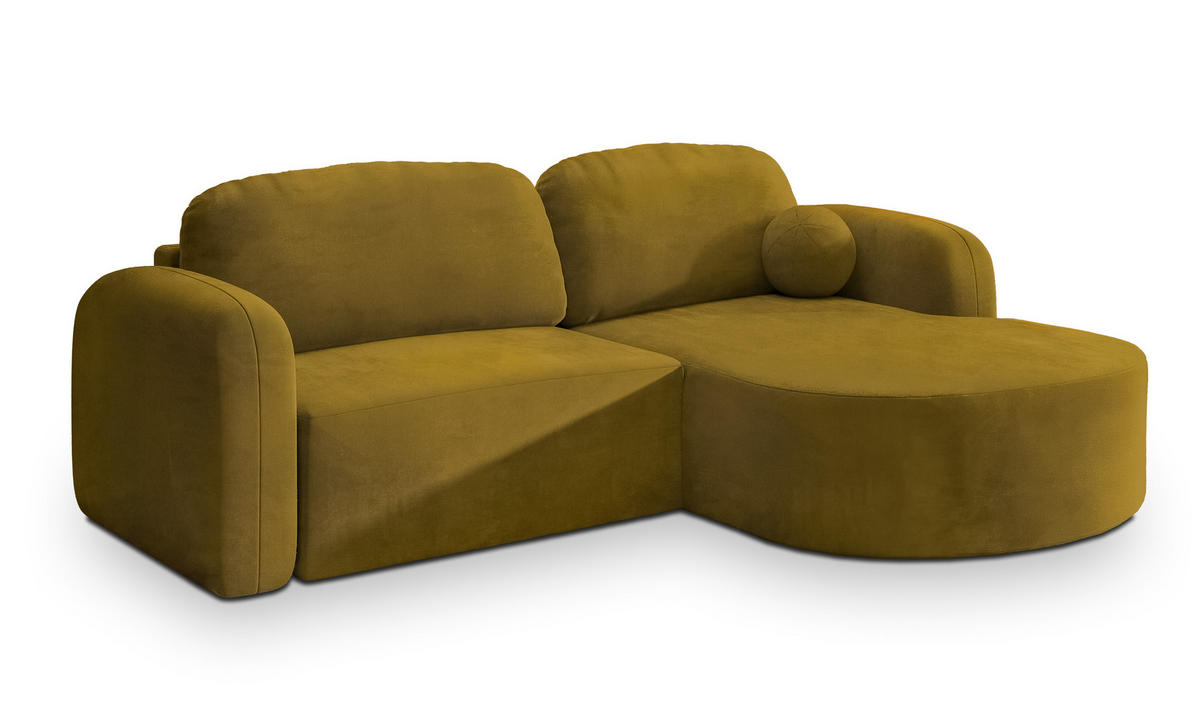 ECKSOFA AMILIA M R-S Gelb Velours-Stoff mit Schlaffunktion - Gelb, Holz (263/174cm) - MASSENO