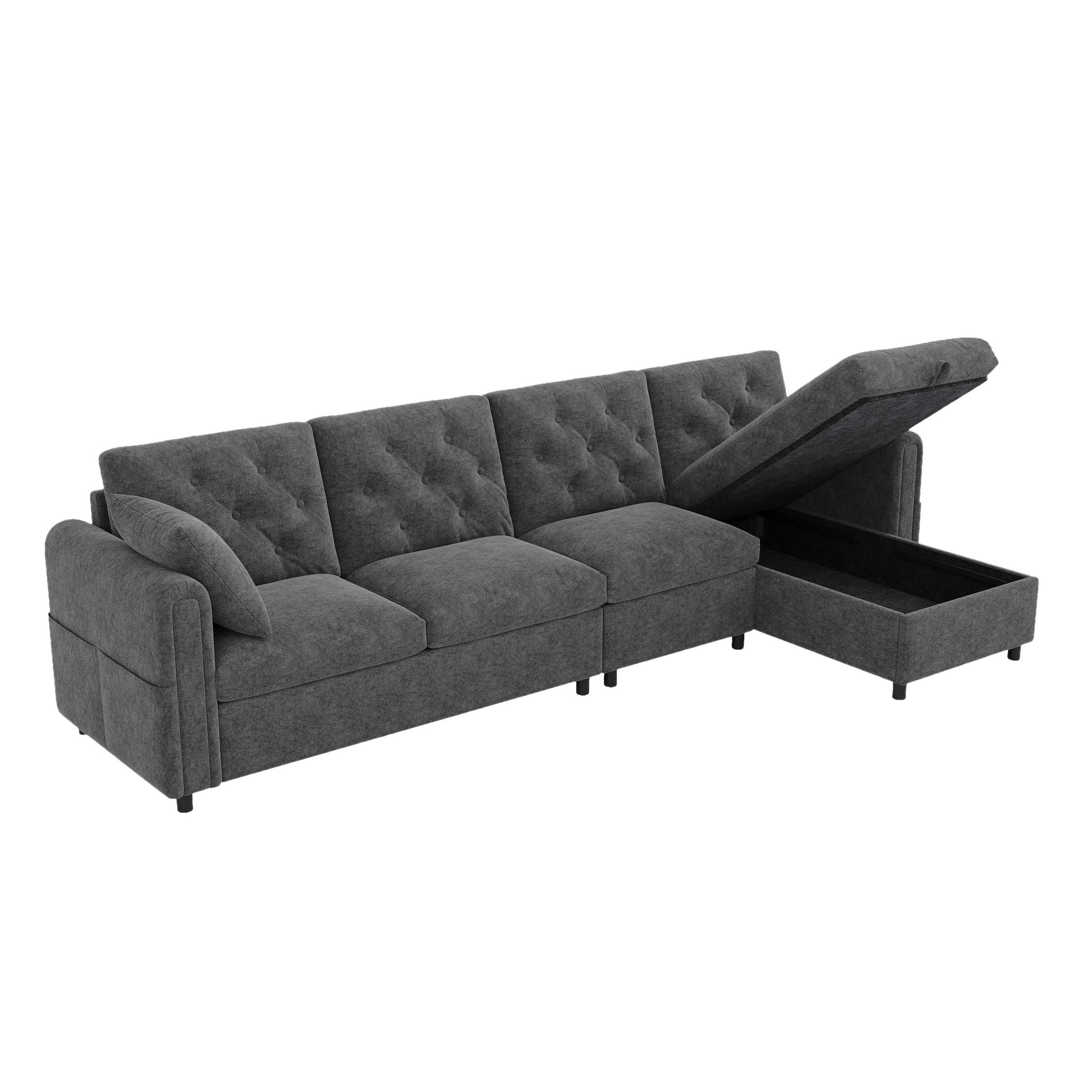 SOFA Grau L-Form Samt Stauraum Armlehne 281cm Knopfheftung - Grau, Textil (132/86/281cm) - FLIEKS