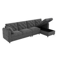 SOFA Grau L-Form Samt Stauraum Armlehne 281cm Knopfheftung - Grau, Textil (132/86/281cm) - FLIEKS