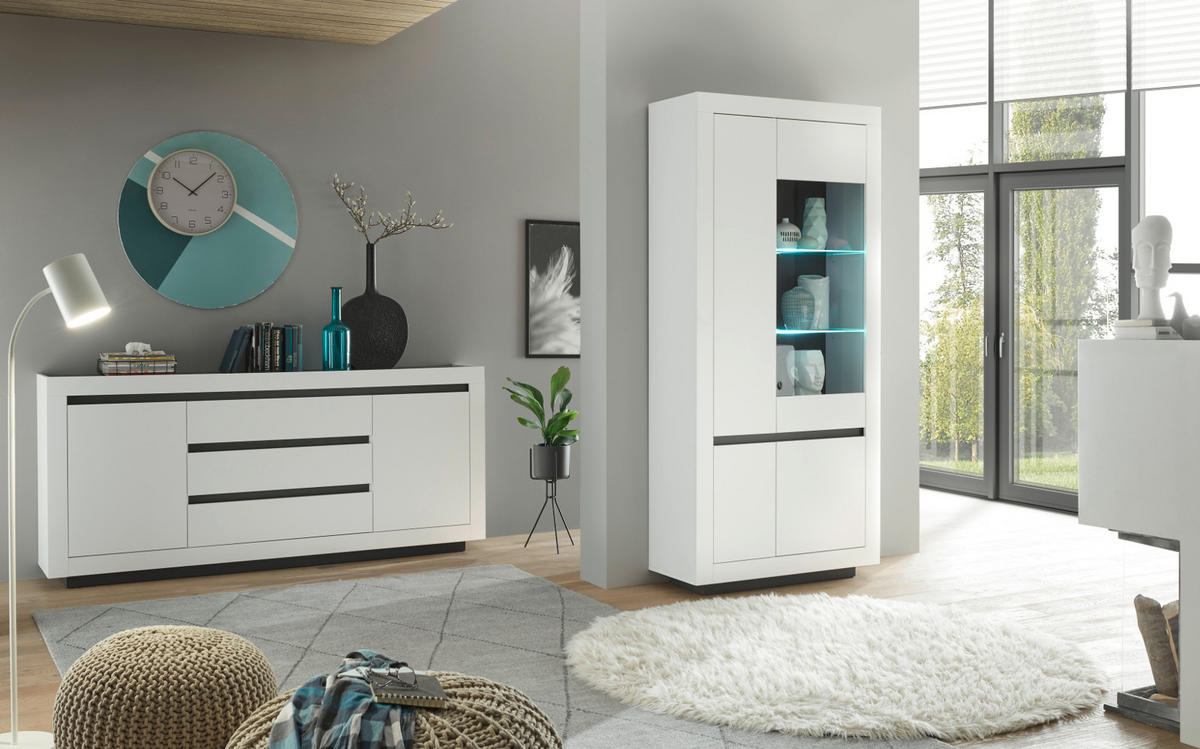 VITRINE weiß, anthrazit, Vitrinenschrank mit 10 Fächern - Weiß Hochglanz/Anthrazit, Glas/Holz (96/206/38cm) - Furn.Design
