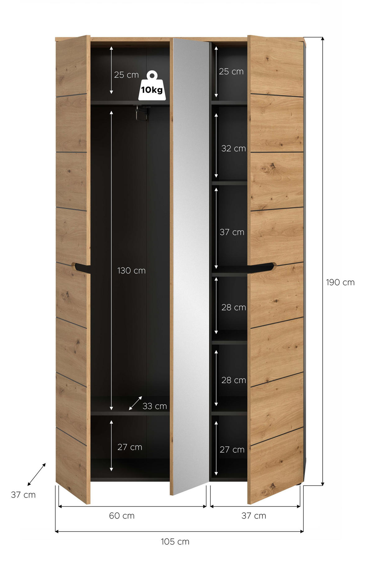 GARDEROBENSCHRANK CANU (B/H/T: ca. 105/190/37 cm) in Basalt grau/Artisan Nachbildung - Grau, Holzwerkstoff (105/190/37cm)
