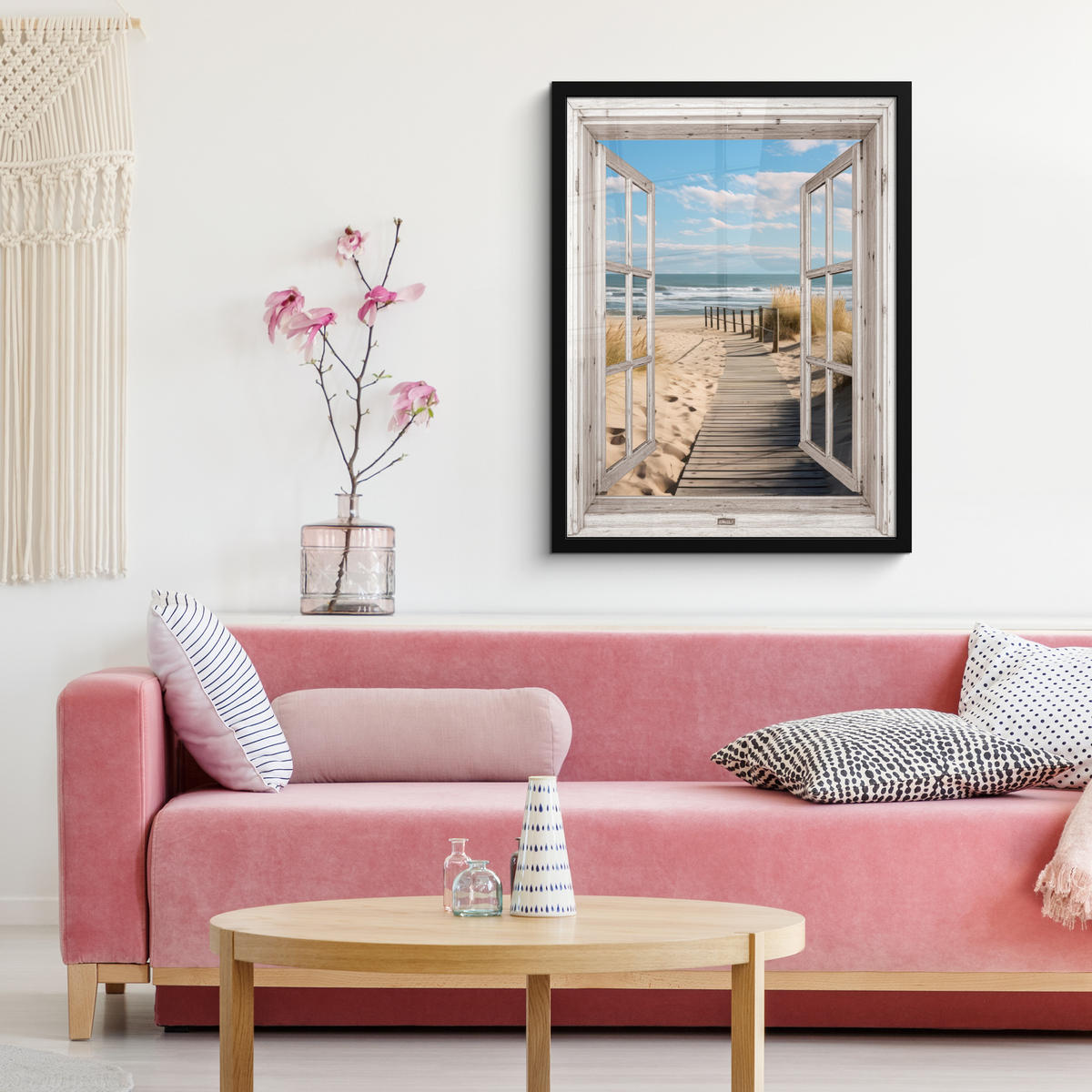 GERAHMTES BILD Fenster - Meer - Küste - Natur - Ausblick - Strand - Wattenmeer 60x80 cm - Beige, Papier (60/80cm) - MuchoWow