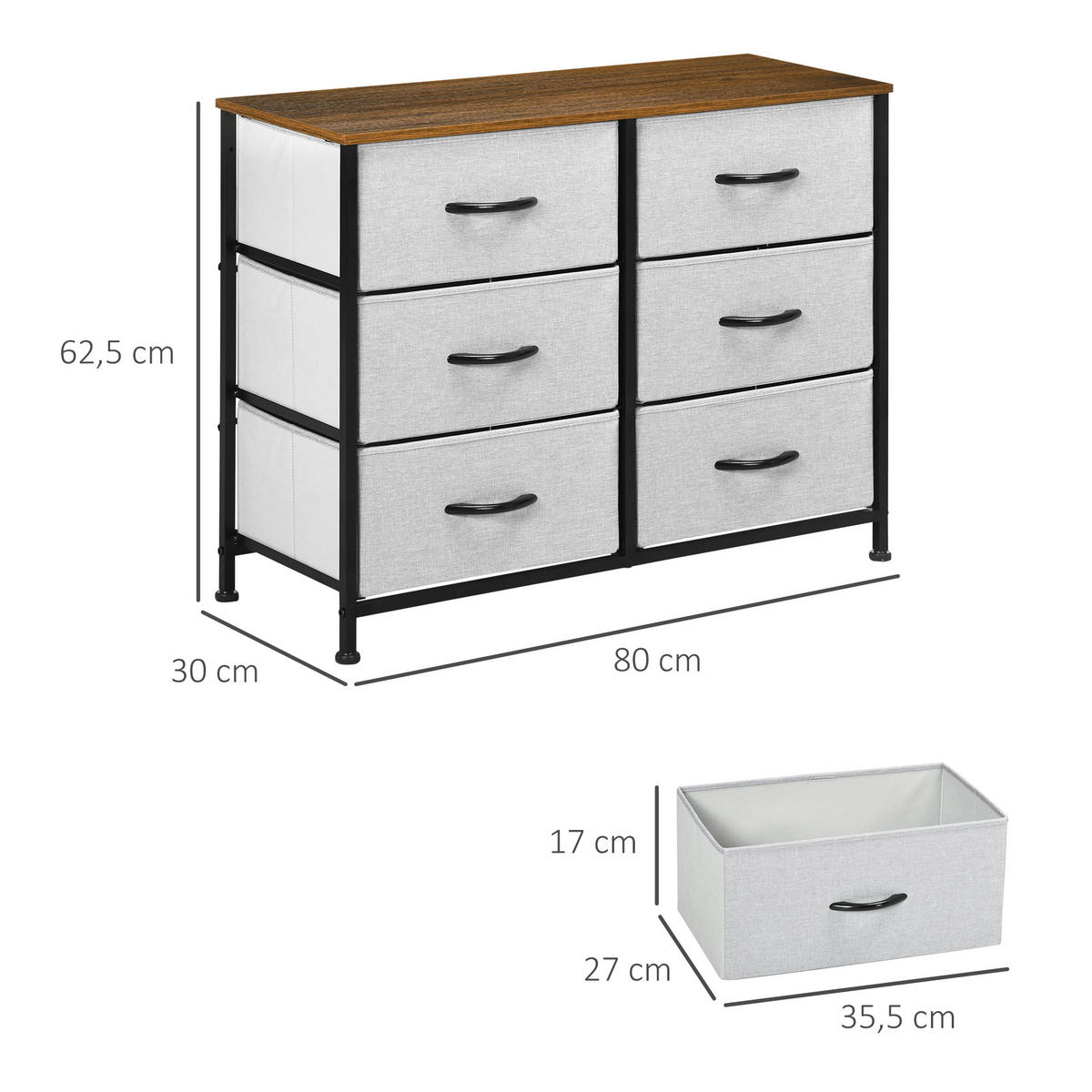KOMMODE Sideboard, Griff, Grau - Grau, Textil (30/62.5/80cm) - HOMCOM