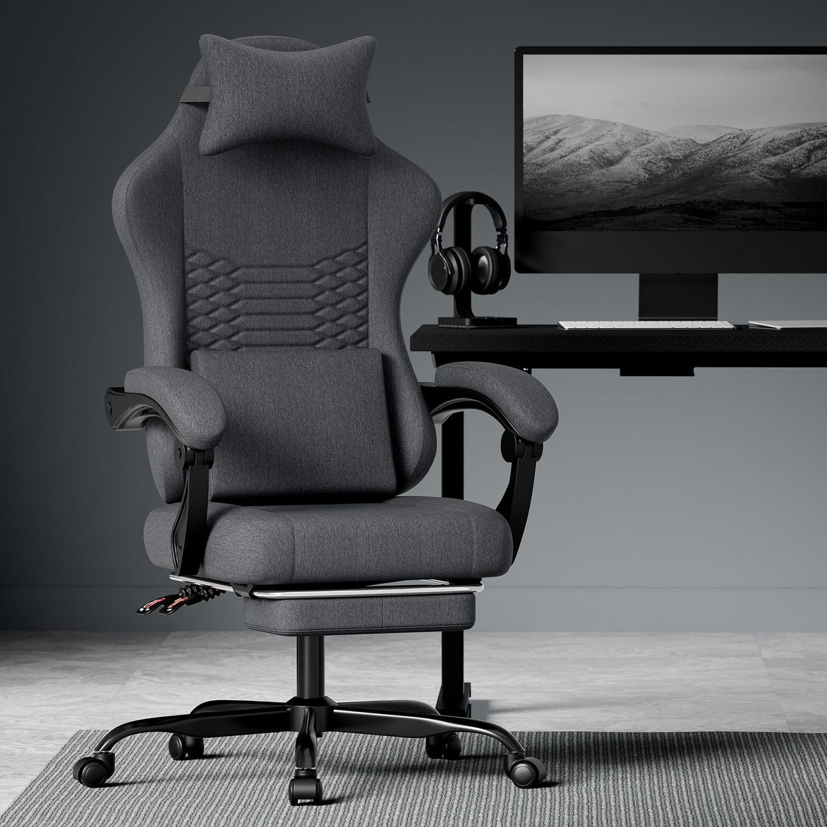 GAMING-STUHL ergonomischer, Bürostuhl mit Fußstütze & Lendenstütze - Schwarz, Textil (65/114/65cm)