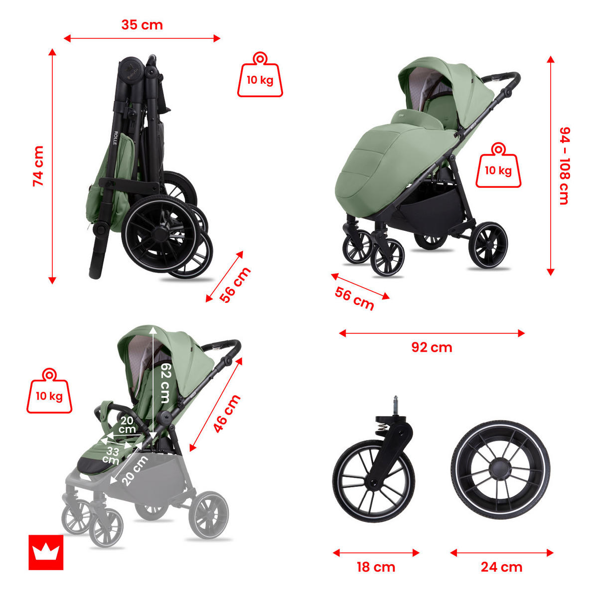 BUGGY Rolle, Klein und Leicht, Teleskopische Führung, Kompakt Faltbar, Wickeltasche, Reisetasche - Jadegrün/Schwarz, Textil/Metall (58/99cm) - BabyLux
