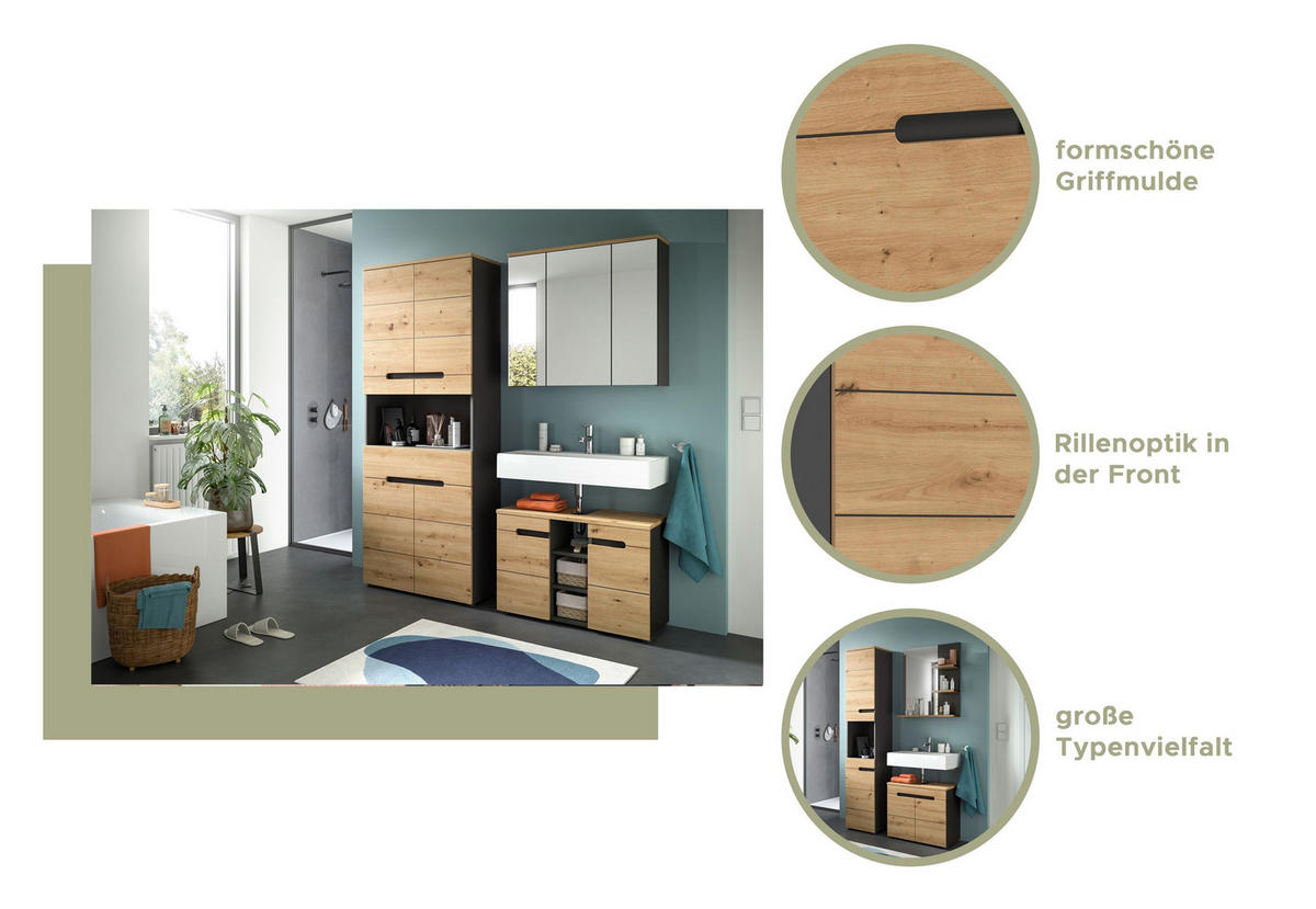 BADMÖBEL Set Canu 3tlg. Bad Kombination (B/H/T: 133x193x34cm) - Eiche Artisan, Holzwerkstoff (133/193/34cm)