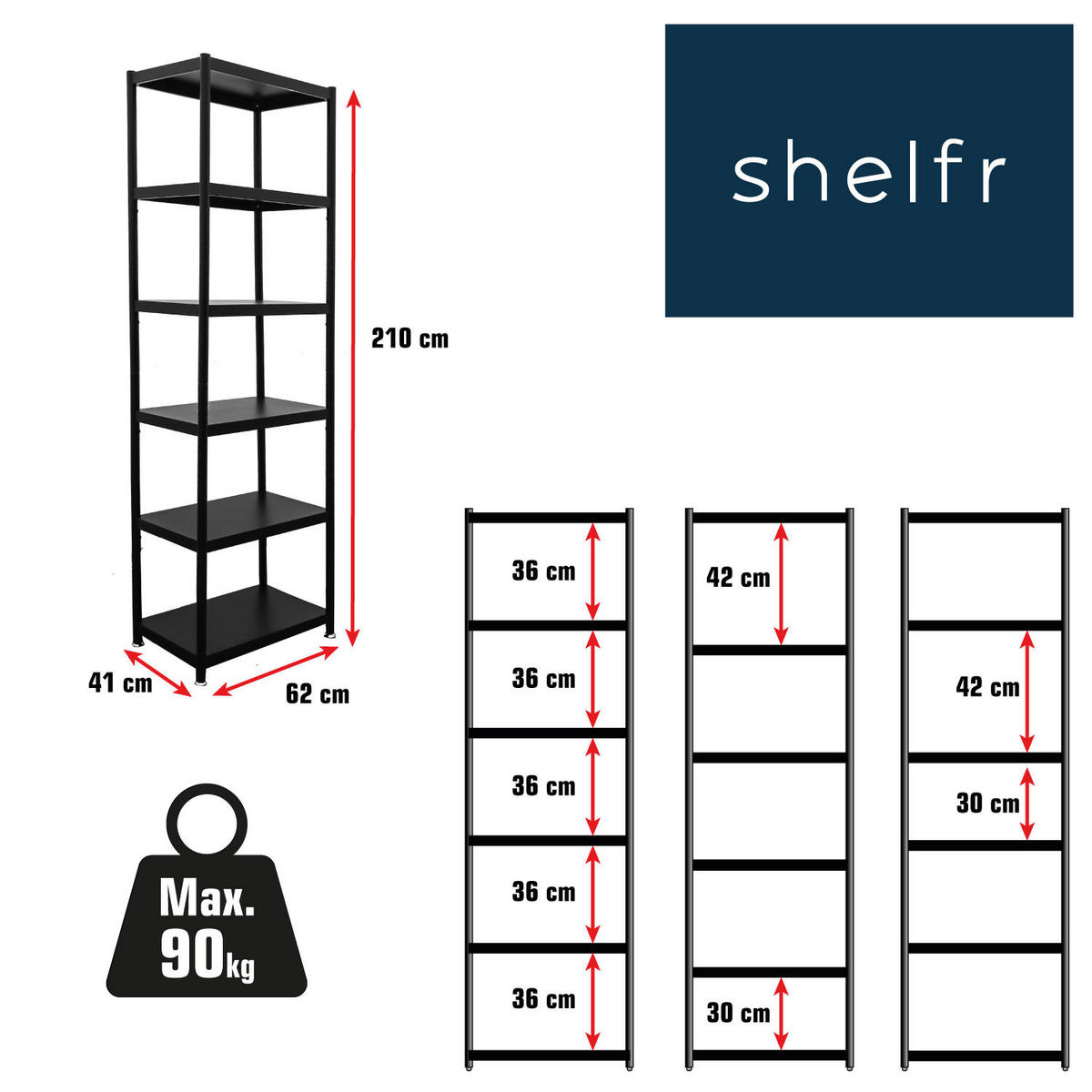 METALLREGAL 61x41x210 cm mit 6 Ebenen - Schwarz, Metall (41/210/61cm) - shelfr