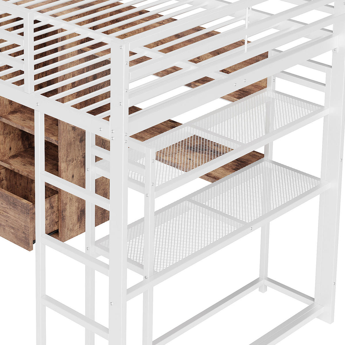 HOCHBETT 140x200cm Weiß Metall LED-Licht Schreibtisch 1 Schublade - Weiß, Holz (140/200cm) - FLIEKS