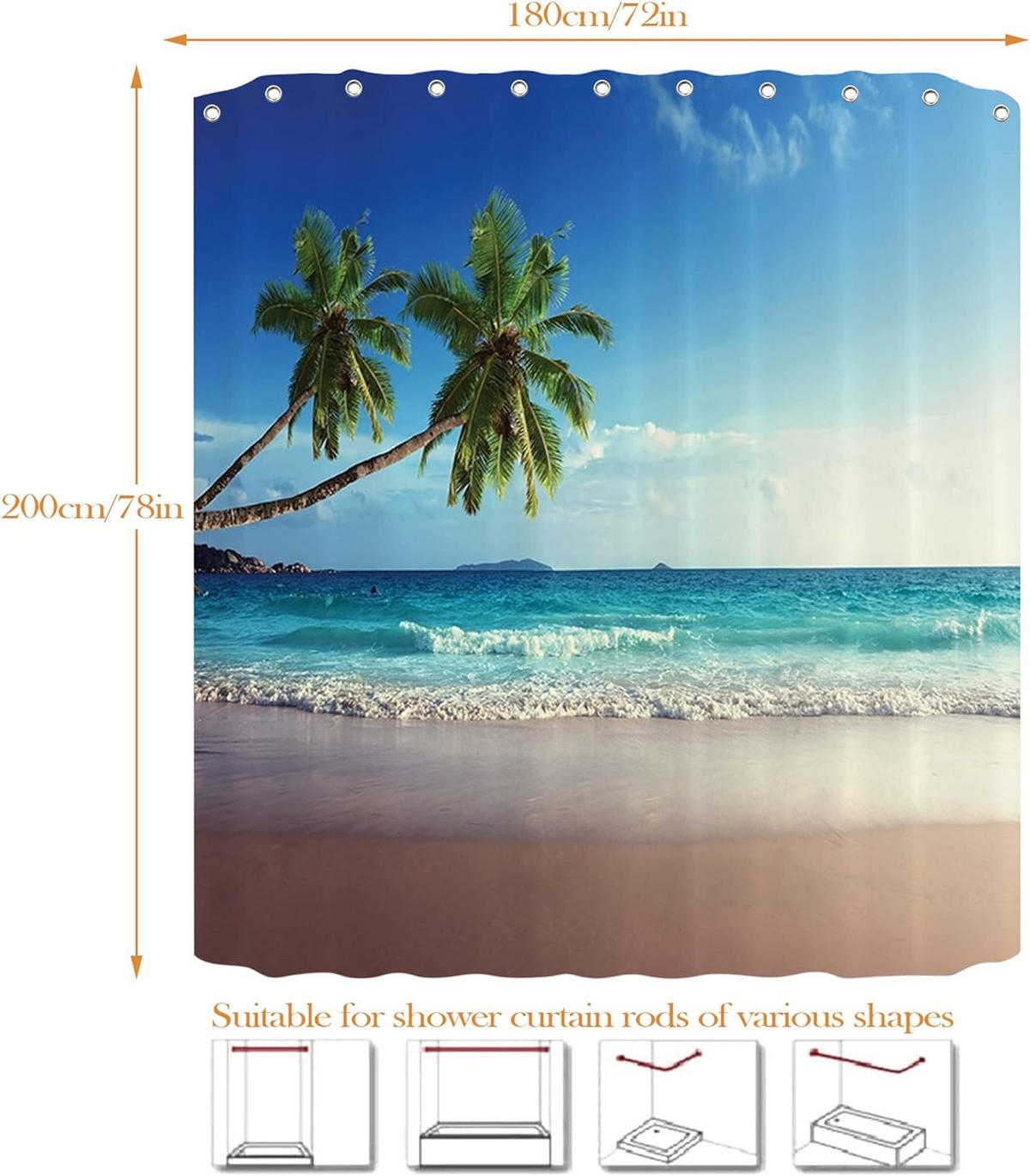 DUSCHVORHANG Strand 3D 180 x 200 cm wasserdicht mit Haken für Badewanne und Duschkabine - Multicolor, Textil (180/200cm) - MCBOSON