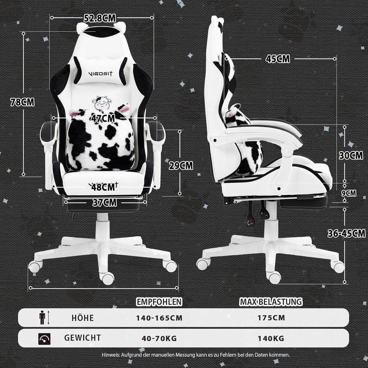 GAMING Stuhl mit Ohren und Kawaii Kissen, Ergonomisch, mit Lendenwirbelstütze und Fußstütze, Schwarzweiß - Multicolor, Kunststoff (59/77/25cm)