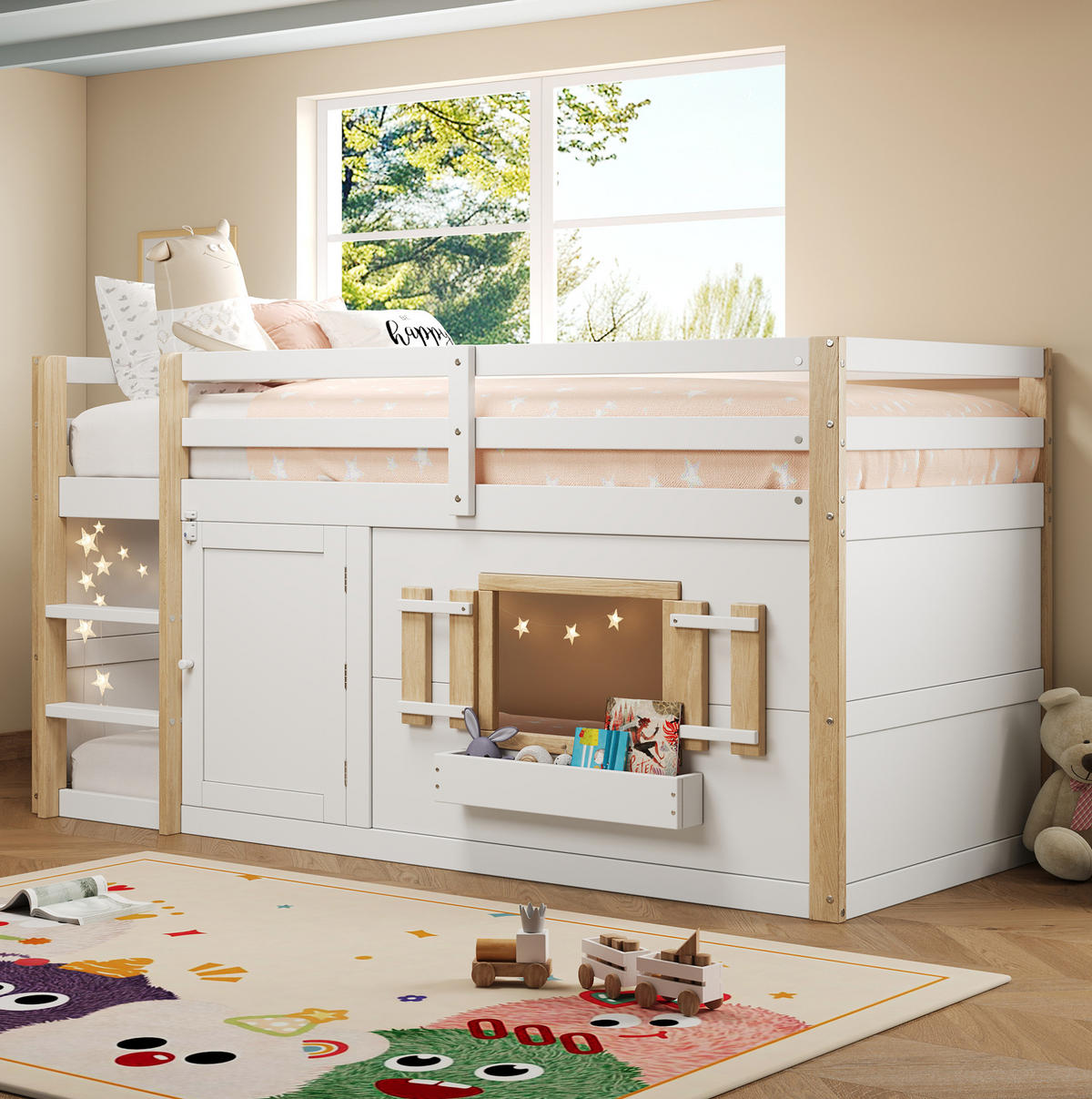 HOCHBETT 90/200 cm, weiß mit Spielbereich ohne Matratze - Weiß, Holz (90/200cm) - MIVRAY