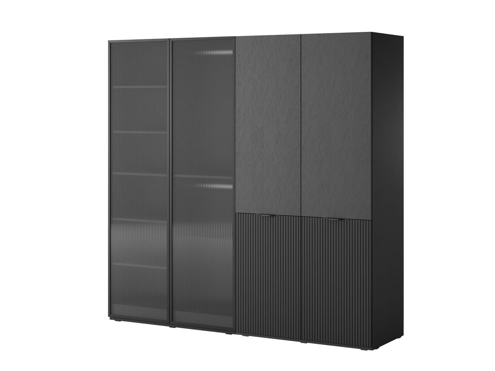 KLEIDERSCHRANK ZEN (Modular, Schwarz Matt, Schwarz & Geriffeltes Glas Flutes, 4-türig) - Schwarz, Holz/Holzwerkstoff (202/200/51cm) - Ravio