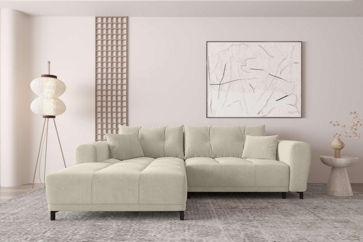 ECKSOFA Massimo Cordstoff Greige inkl. Schlaffunktion Links - Greige/Schwarz, Textil/Metall (246/177cm) - 99rooms