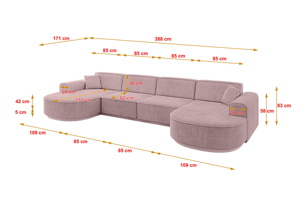 WOHNLANDSCHAFT MARI-U2-v3 - 388x171x83 cm Rosa Cord - Schwarz/Rosa, Holzwerkstoff/Kunststoff (388/83/171cm) - ALTDECOR