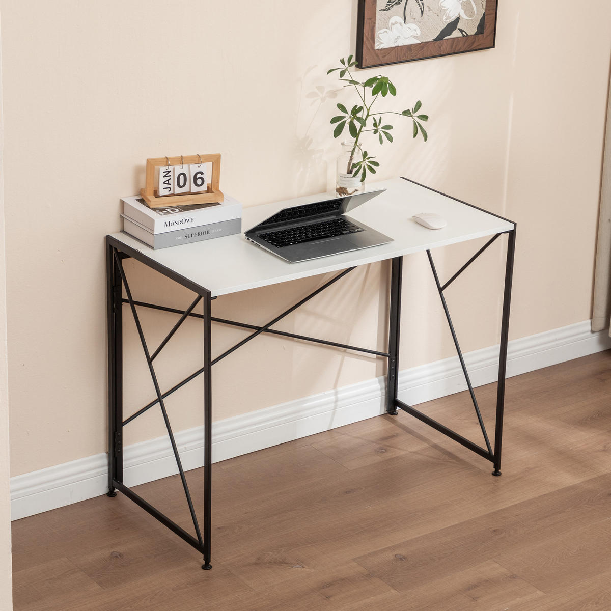 SCHREIBTISCH Klappbarer MDF wasserfest kompakt Faltfunktion schneller Aufbau Homeoffice modern - Weiß, Holzwerkstoff/Metall (99/50/75cm) - EVRYAE