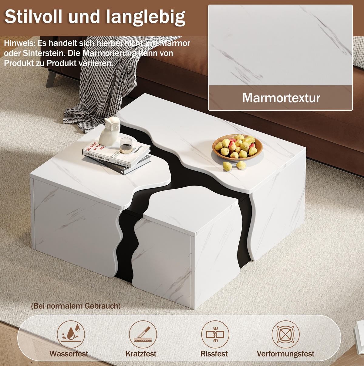 COUCHTISCH 70/70/31 cm Weiß in Marmoroptik mit Schublade aus Spanplatte - Weiß, Holzwerkstoff (70/70/31cm) - OKWISH