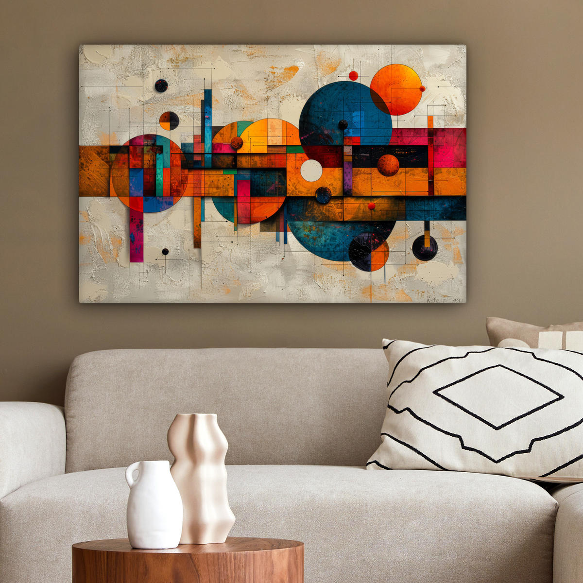 LEINWANDBILD - Vintage - Moderne Kunst - Orange - Geometrische Formen - 60x40 - Wanddeko Schlafzimmer - Multicolor, Textil (60/40cm) - MuchoWow