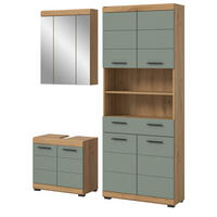 BADMÖBEL-SET Salbei grün, Artisan Eiche 3-teilig 149 cm, Badschränke mit viel Stauraum - Schwarz/Eiche Artisan, Glas/Holzwerkstoff (149/191/34cm) - Inn.Furn