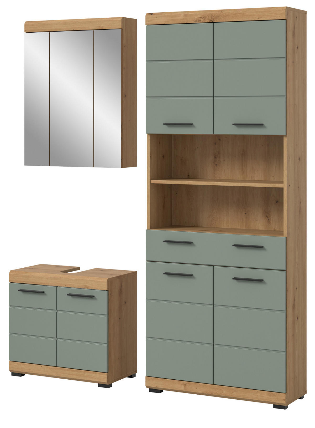 BADMÖBEL-SET Salbei grün, Artisan Eiche 3-teilig 149 cm, Badschränke mit viel Stauraum - Schwarz/Eiche Artisan, Glas/Holzwerkstoff (149/191/34cm) - Inn.Furn