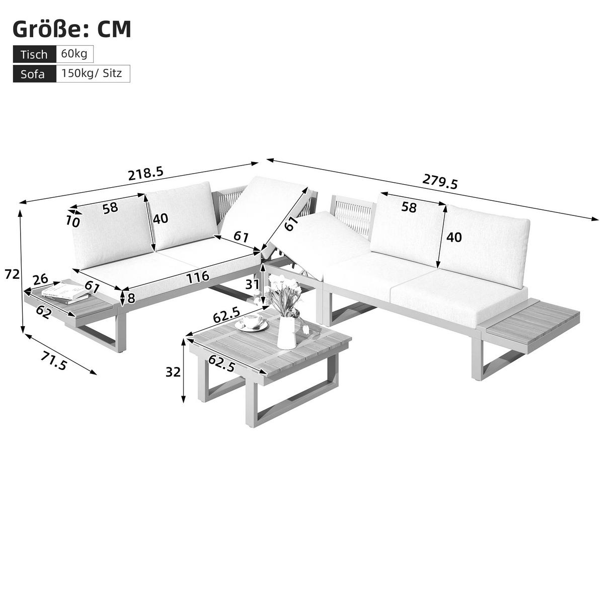 GARTENMÖBEL-SET 279/218/72 cm grau aus Stahl und Polyester mit Ablagen und verstellbarer Liegefunktion - Braun, Metall - OKWISH