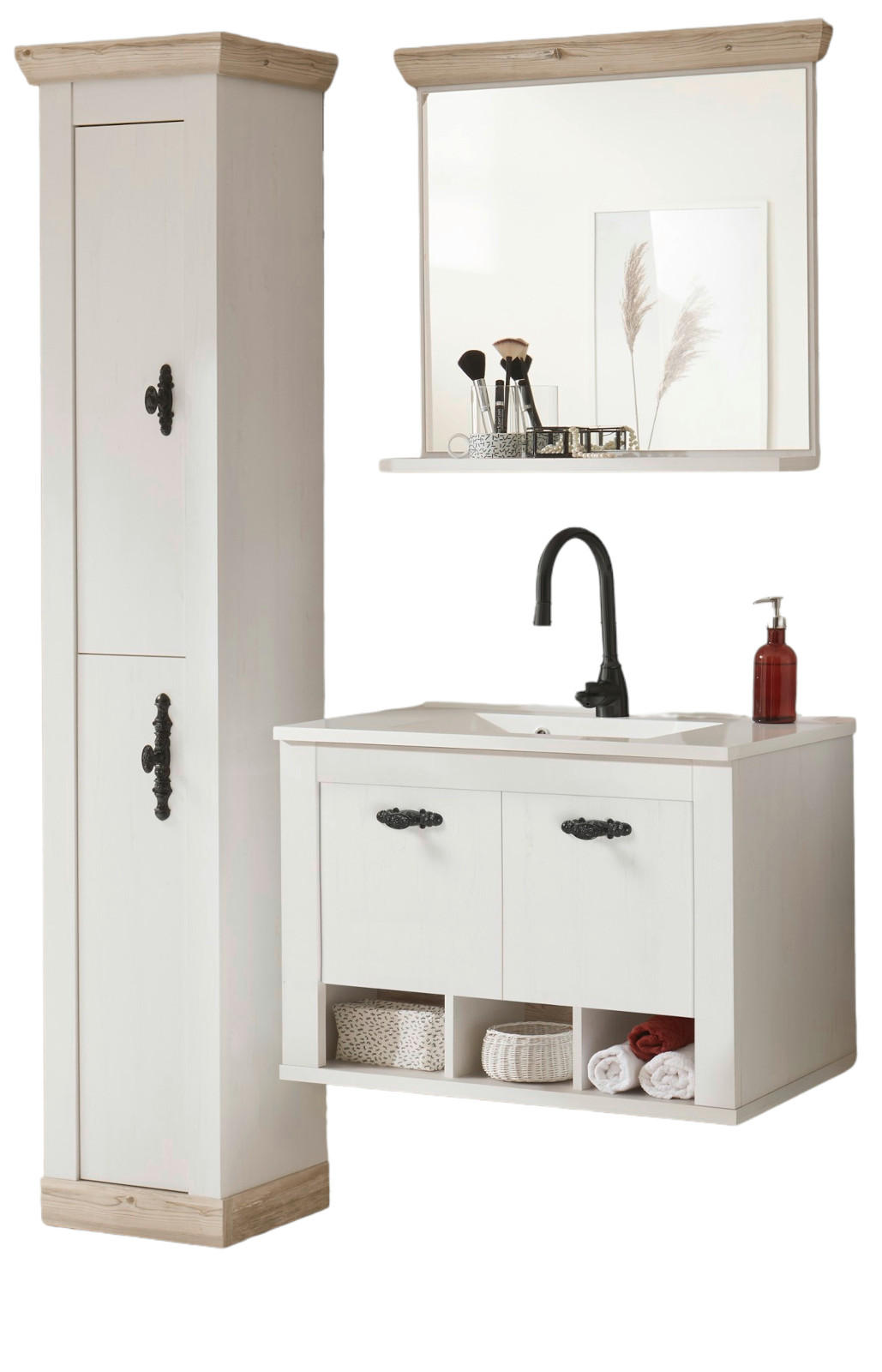 BADKOMBINATION Pinie weiß, Oslo Pinie, Landhaus Badmöbel Set 4-tlg. hängend MIT Waschbecken 143 x 200 cm - Anthrazit/Weiß, Holzwerkstoff/Metall (143/200/46cm) - Furn.Design