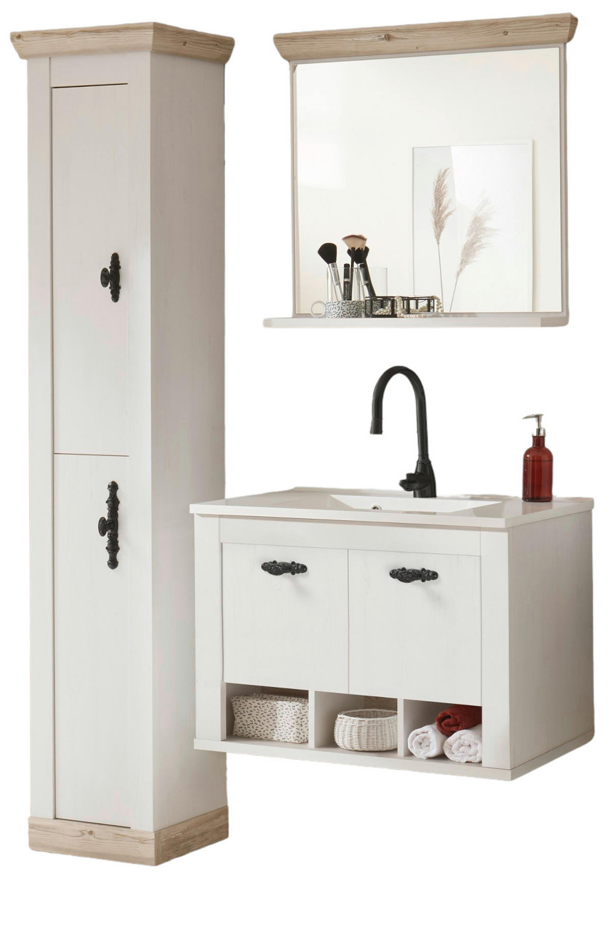 BADKOMBINATION Pinie weiß, Oslo Pinie, Landhaus Badmöbel Set 4-tlg. hängend MIT Waschbecken 143 x 200 cm - Anthrazit/Weiß, Holzwerkstoff/Metall (143/200/46cm) - Furn.Design