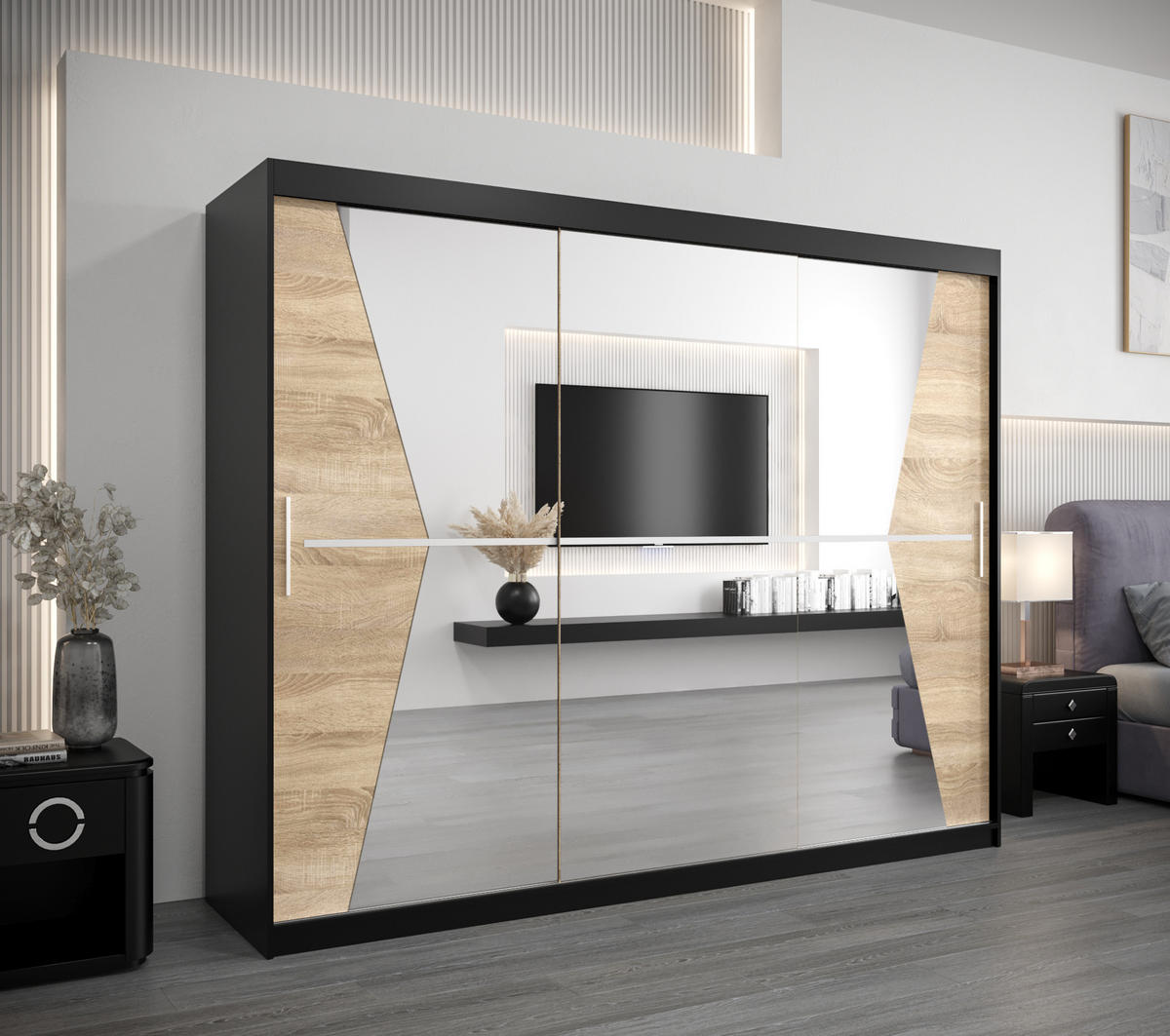 SCHWEBETÜRENSCHRANK 200/250/62 3-türig - Silberfarben/Schwarz, Holz/Kunststoff (250/200/62cm) - Abiks Möbel