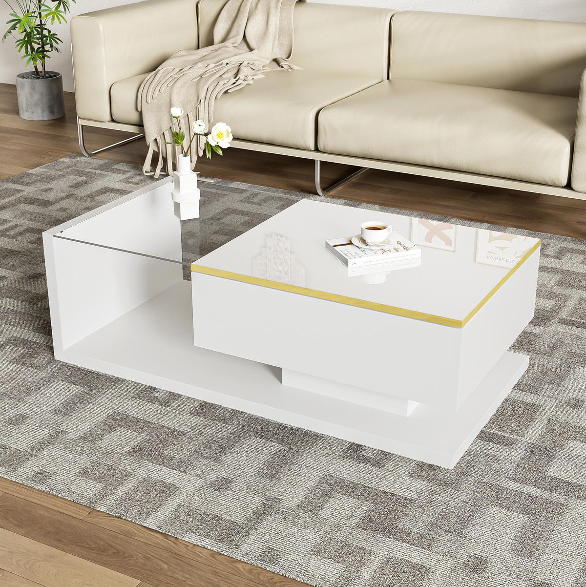 COUCHTISCH aus Spanplatte 100x50x32,5 cm in Weiß mit LED-Beleuchtung - Weiß, Holzwerkstoff (100/50/32.5cm) - Modfu