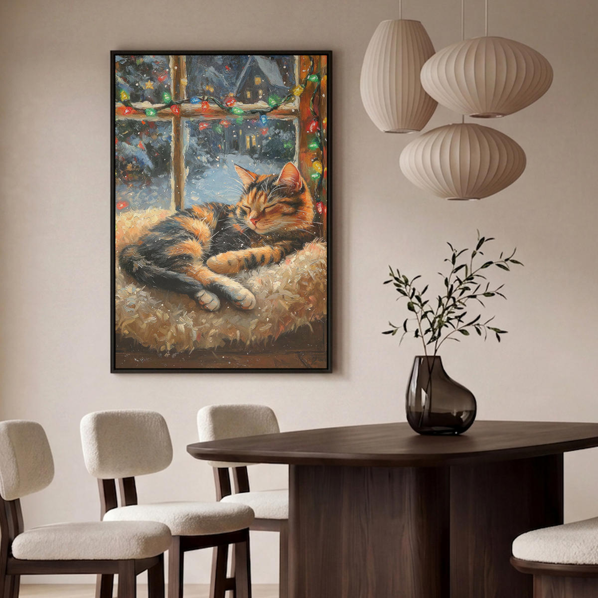 LEINWAND Bilder mit Rahmen - Katze - Weihnachten - Winter - Tier - 100x150 - Bernsteinfarben, Textil (100/150cm) - MuchoWow