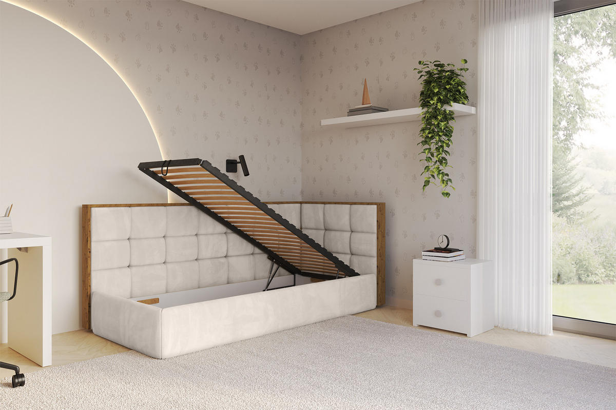 EINZELLBETT Jugendbett mit Bettkasten und Matratze H3/H4, Links - SOVY 90x200 Beige - Ecru, Holzwerkstoff/Textil (90/200cm) - ALTDECOR