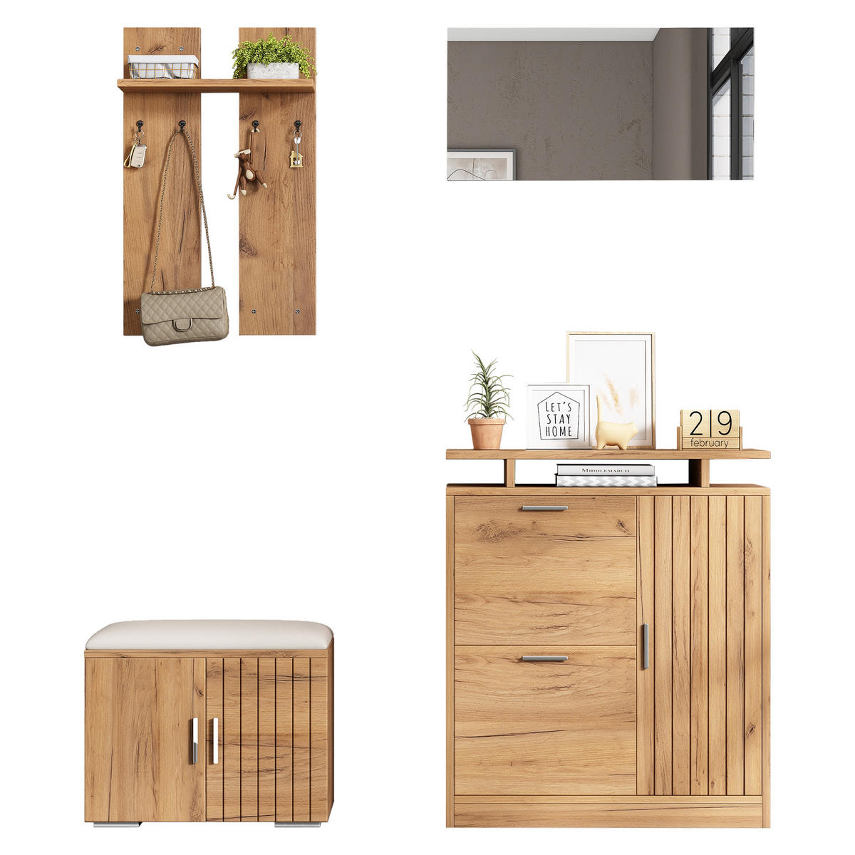 GARDEROBEN-SET 140 cm Natur – Flurmöbel mit Spiegel, Schuhbank & 5 Türen Modern - Naturfarben, Holzwerkstoff (140/133/35cm) - Urban Meuble