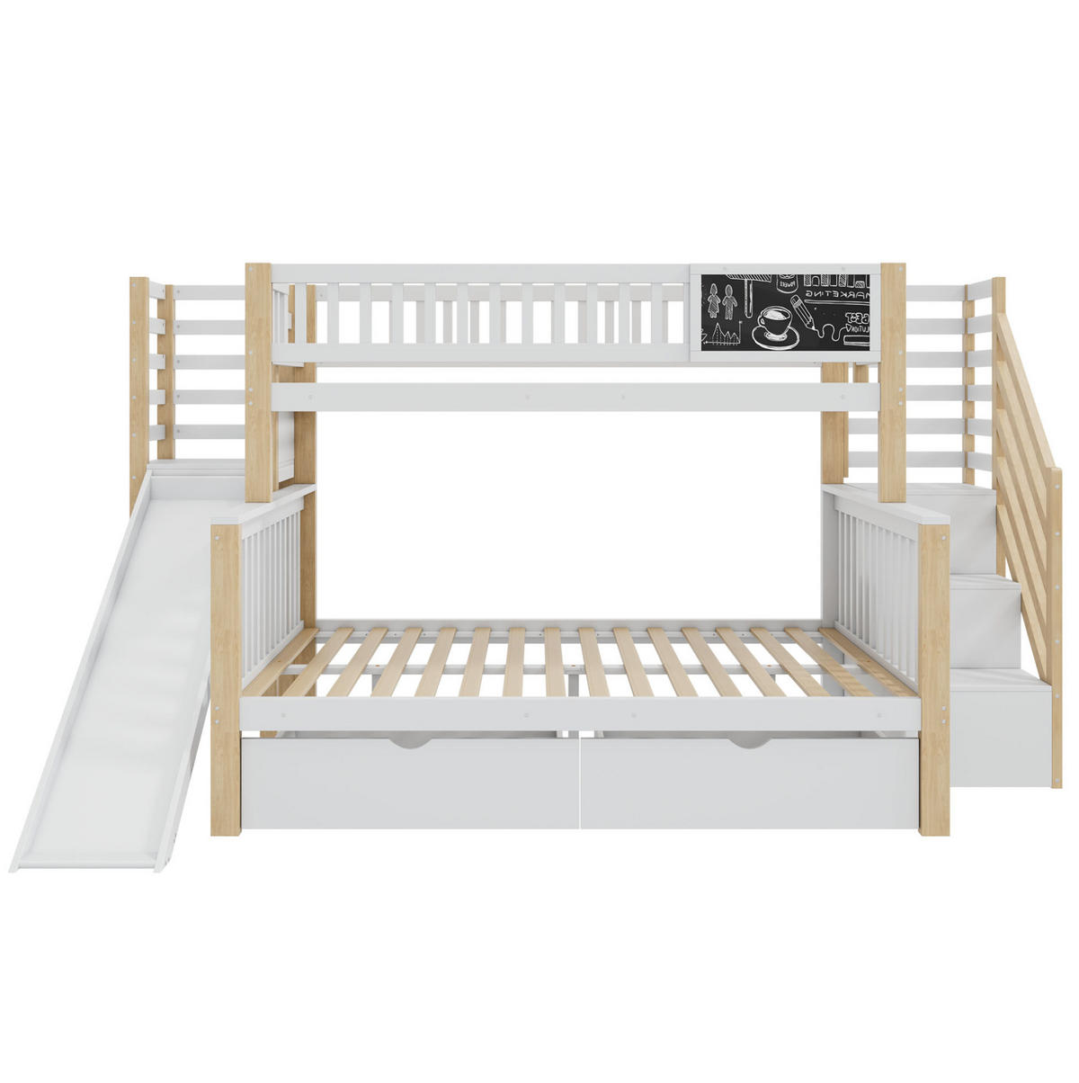 ETAGENBETT 90/200 & 140/200 cm aus massivem Kiefernholz mit Rutsche, Treppe, Stauraum und Tafel, Weiß/Natur - Weiß, Holz (140/200cm) - Redom