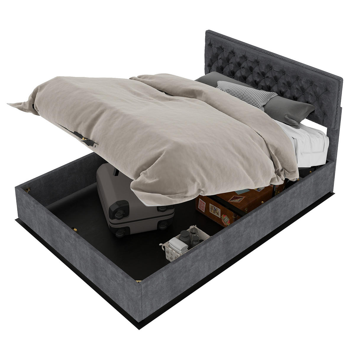 POLSTERBETT 160x200 cm Samt Stauraum hydraulisch grau - Grau, Textil (160/200cm) - LEBENLANG