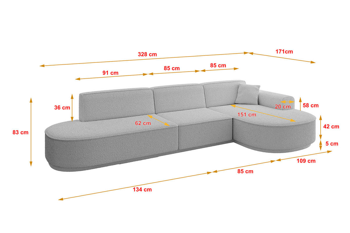 ECKSOFA Ottomane Rechts MARI-L2-v3 - 328x171x83 cm Hellgrau Bouclé - Hellgrau/Schwarz, Holzwerkstoff/Kunststoff (171/328cm) - ALTDECOR