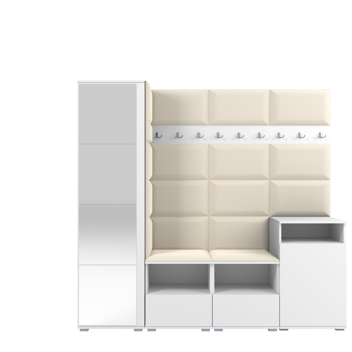 GARDEROBE NELA X 200 cm (Modulare Flurmöbel Weiß mit Spiegel & Sitzpolster Creme 01 Schrank + Sideboard) - Silberfarben/Creme, Holz/Holzwerkstoff (200/187/40cm) - Ravio