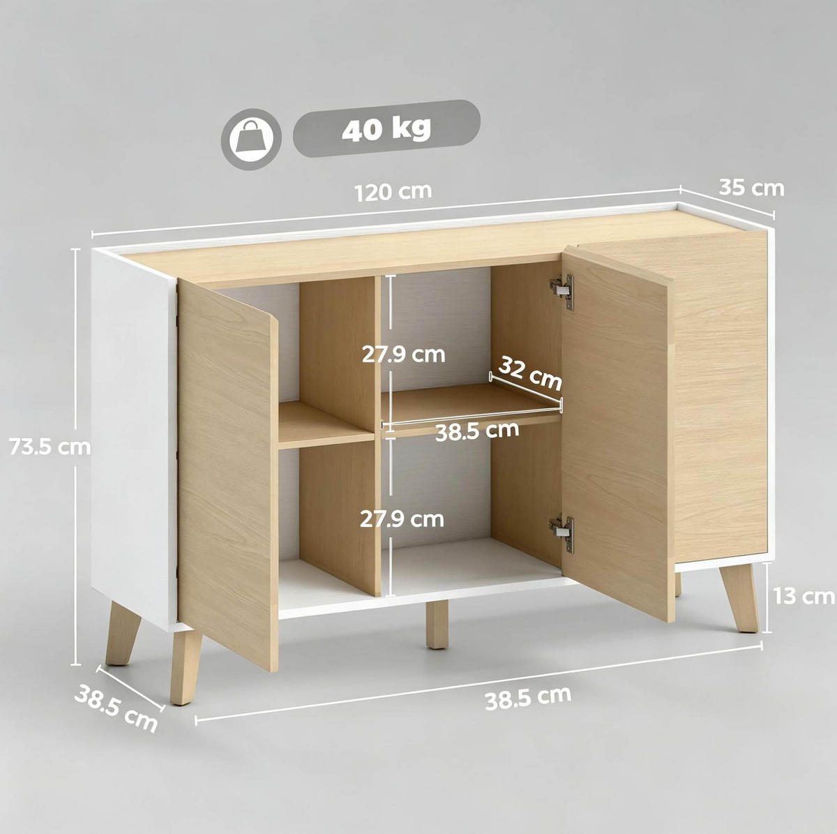 SIDEBOARD aus MDF und Spanplatte 120x35x73,5 cm Natur/Weiß mit 3 Türen - Naturfarben, Holzwerkstoff (120/73.5/35cm) - IVMEU